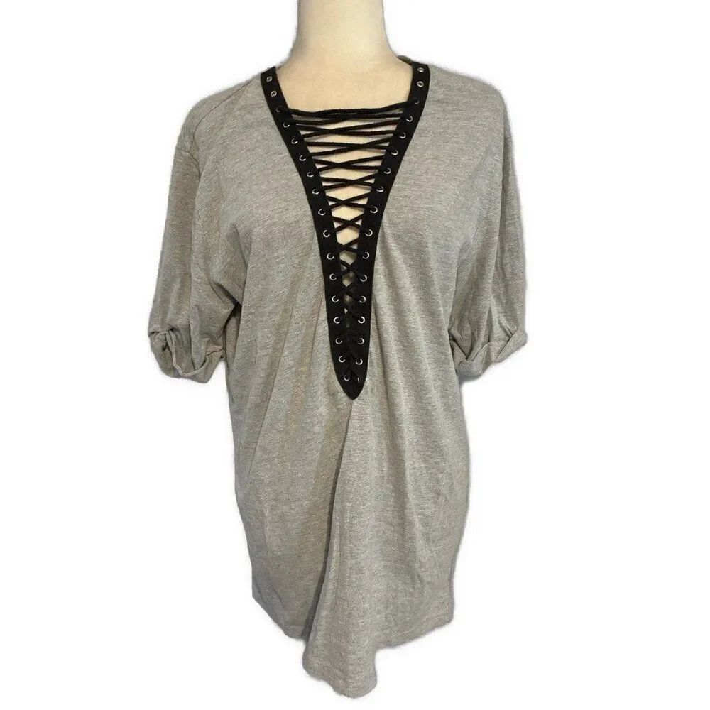 Emma Sam Gray Black Lace Up Oversized Short Sleeve Top T Shirt Cotton Small $108